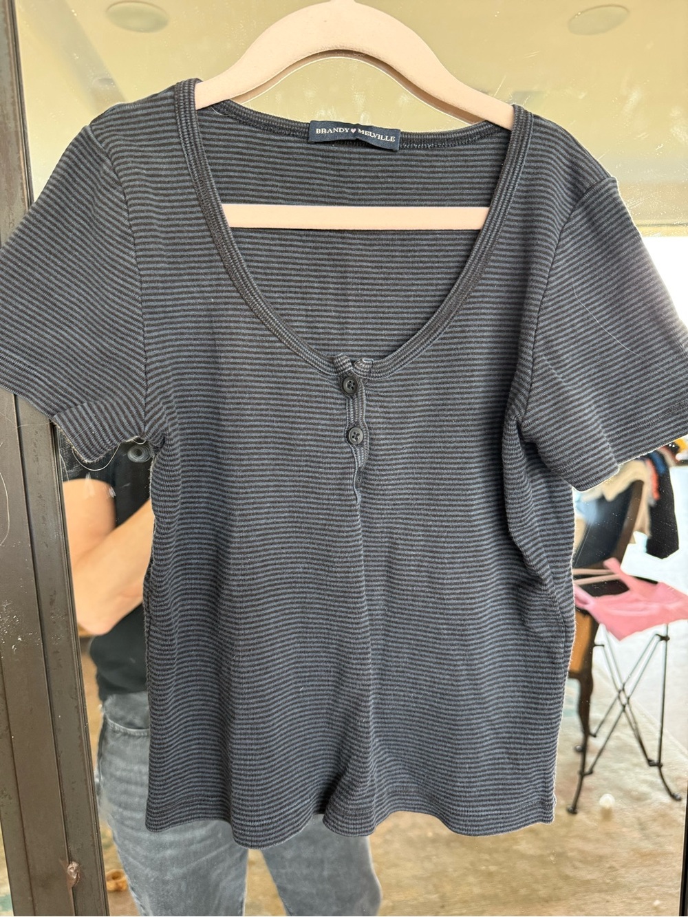 Brandy Melville Charcoal Ribbed Henley Short-Sleeve Tee